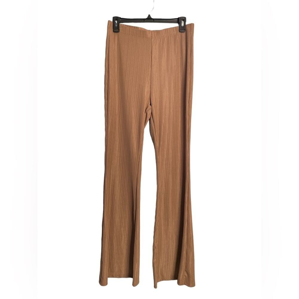 SHEIN Relaxiva Large Loungewear High Waist Ribbed Stretchy Flare Leg Pants Tan